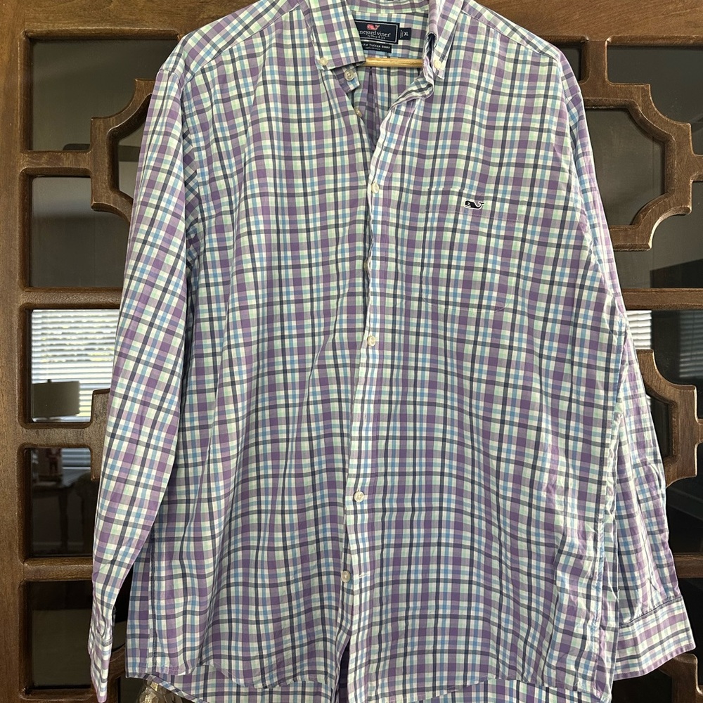 Vineyard Vines Men's Purple and Blue Plaid Shirt
